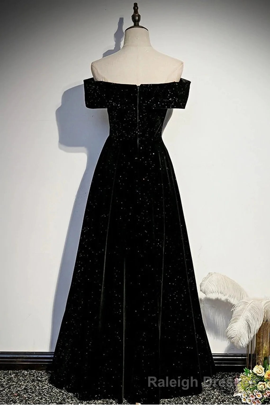 Black Velvet Off Shoulder Long Prom Dress, Black Simple Prom Dress Main image