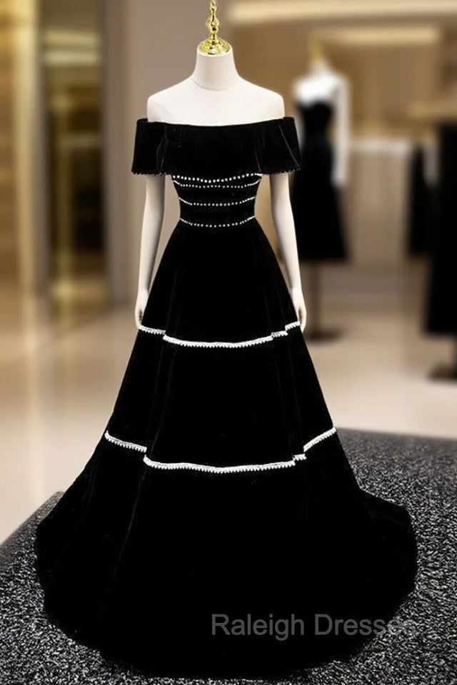 Black Velvet Off the Shoulder Pearls Prom Dress Main image