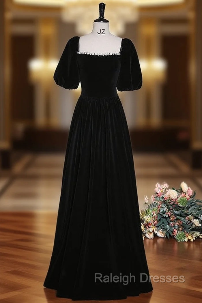 Black Velvet Puff Sleeve Pearls Prom Dress