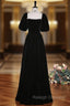 Black Velvet Puff Sleeve Pearls Prom Dress