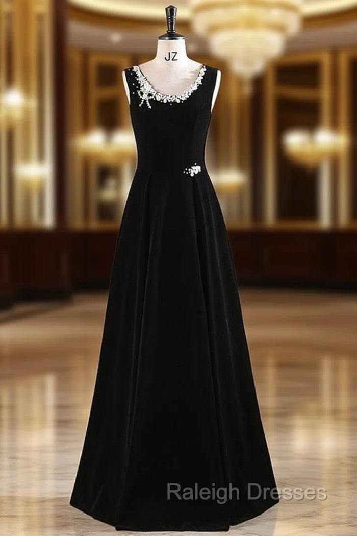 Black Velvet Scoop Neck Pearls Prom Dress Main image