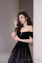 Black Velvet Sequins Long Prom Dress, Beautiful A-Line Tulle Party Dress