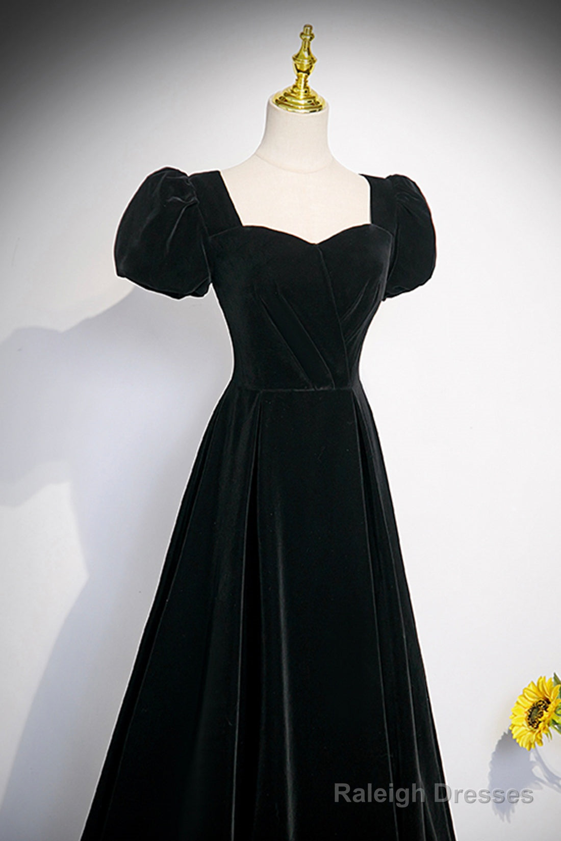 Black Velvet Short Sleeve Floor Length Prom Dress, Simple A-Line Evening Party Dress
