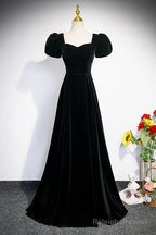 Black Velvet Short Sleeve Floor Length Prom Dresses Simple A-Line Prom Dresses