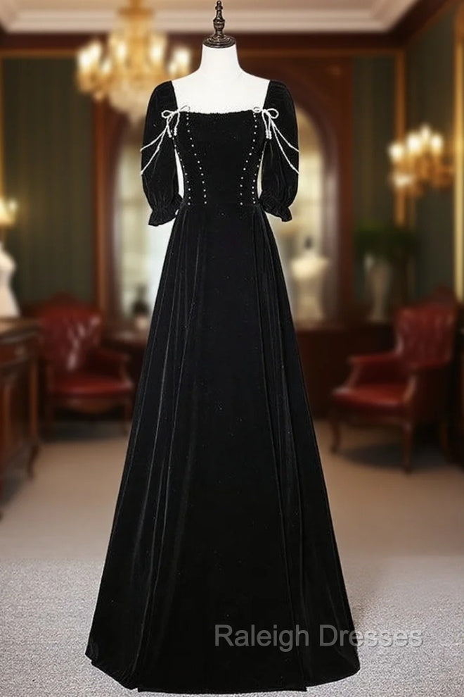 Black Velvet Short Sleeve Pearls Prom Dress