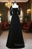 Black Velvet Short Sleeve Pearls Prom Dress
