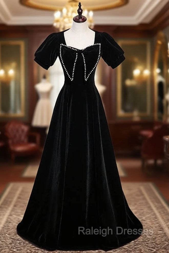Black Velvet Short Sleeve Pearls Prom Dresses Main image