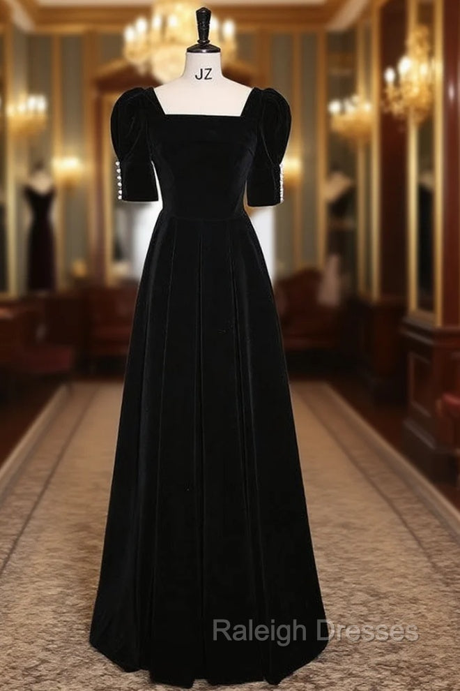 Black Velvet Short Sleeve Prom Dress Main image