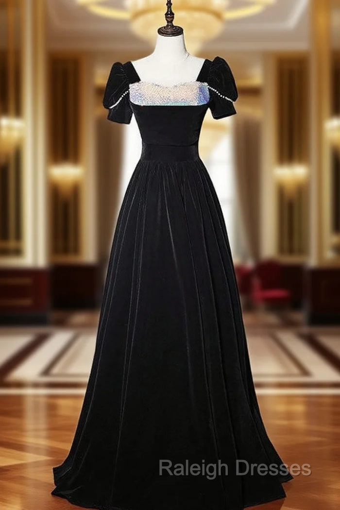 Black Velvet Short Sleeve Sequins Prom Dress