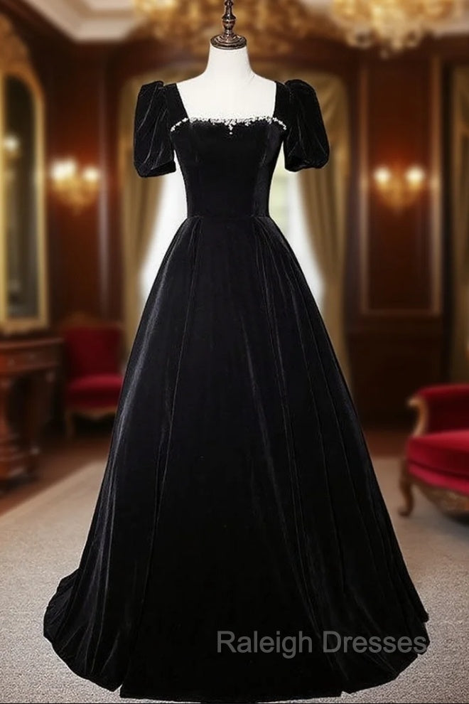 Black Velvet Short Sleeve Square Neck Crystal Prom Dress Main image