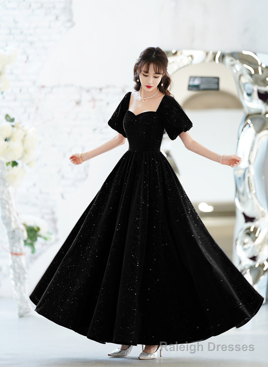 Black Velvet Short Sleeves A-Line Lace-Up Prom Dresses Black Long Wedding Prom Dresses