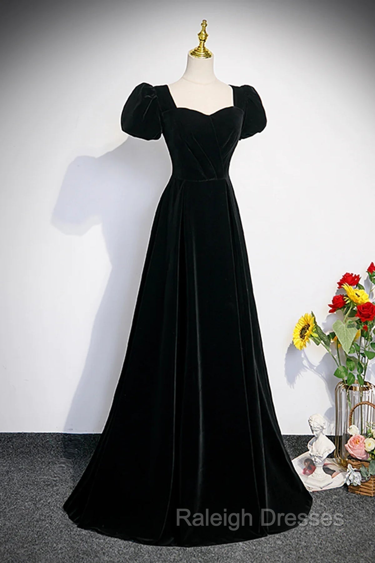 Black Velvet Short Sleeves Floor Length Long Prom Dress, Black Velvet Long Formal Evening Dresses Secondary image