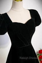 Black Velvet Short Sleeves Floor Length Long Prom Dress, Black Velvet Long Formal Prom Dresses