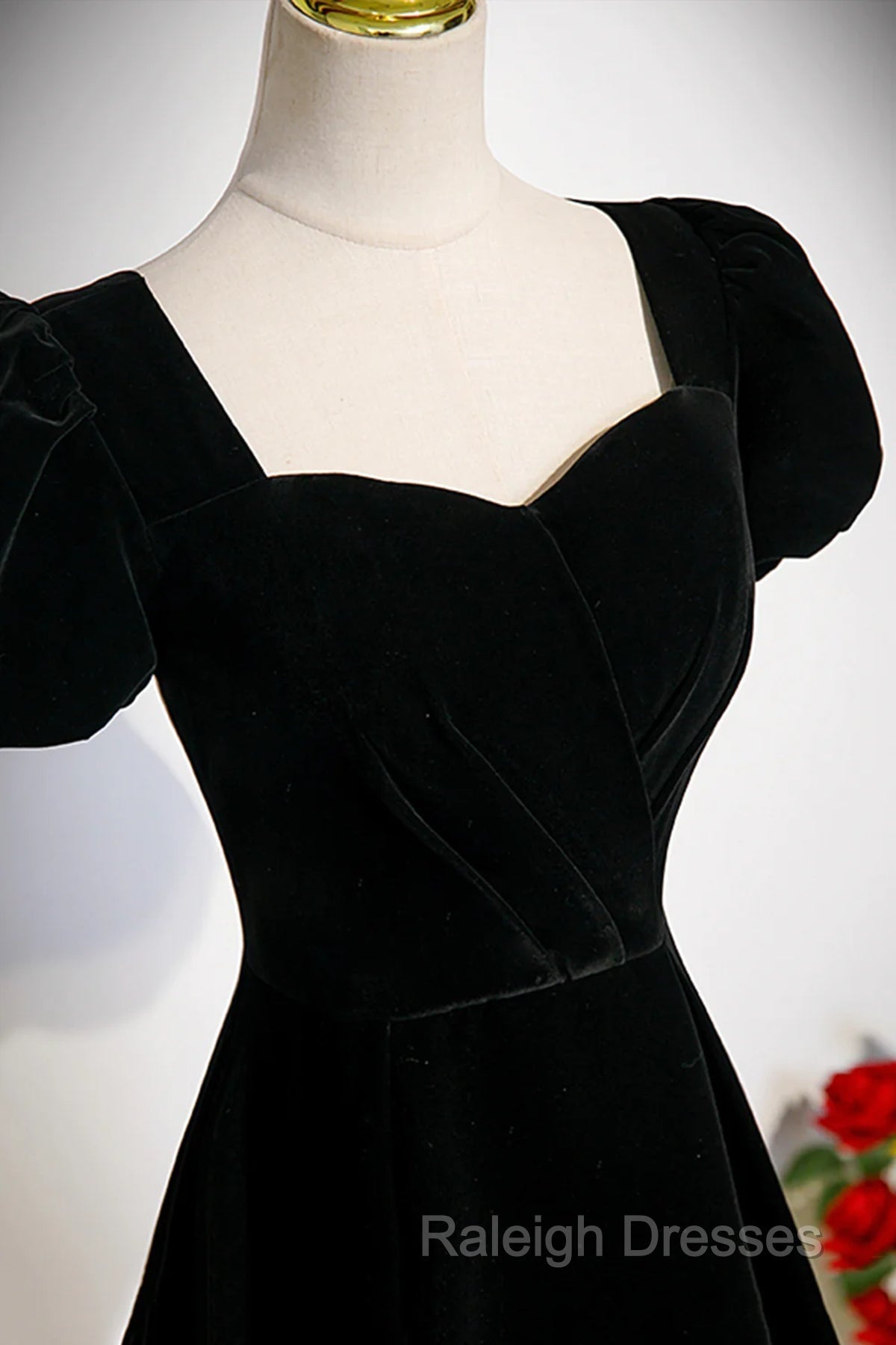 Black Velvet Short Sleeves Floor Length Long Prom Dress, Black Velvet Long Formal Prom Dresses