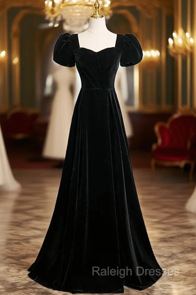 Black Velvet Short Sleeves Floor Length Long Prom Dress, Black Velvet Long Formal Evening Dresses