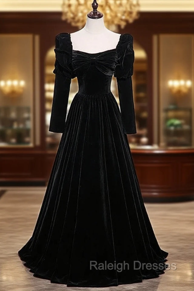 Black Velvet Square Bow Long Sleeve Prom Dress Main image