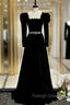 Black Velvet Square Long Sleeve Prom Dress With Belt