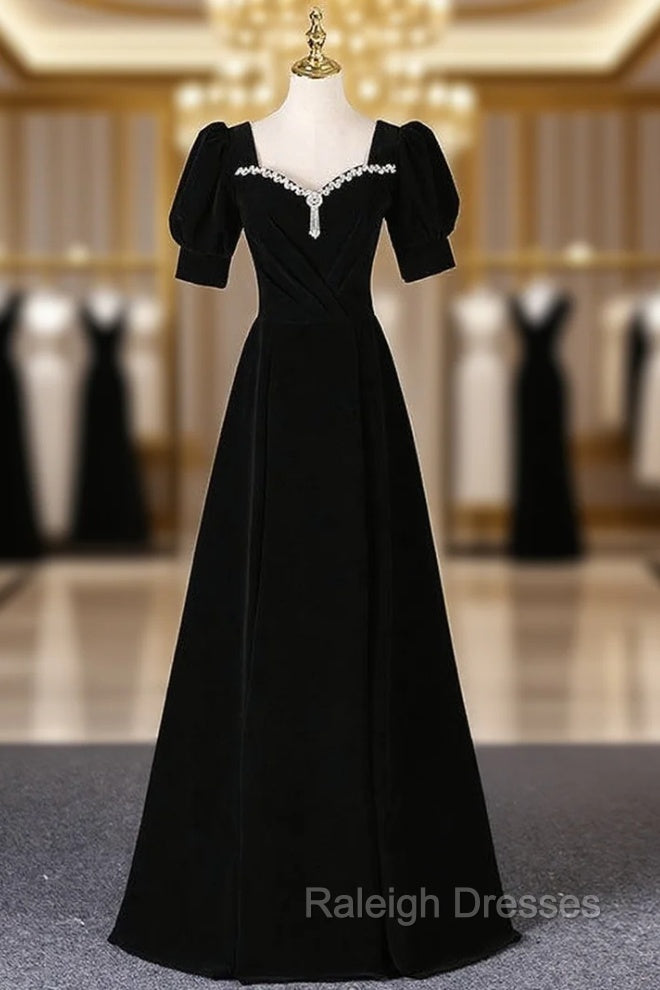 Black Velvet Square Neck Short Sleeve Beading Prom Dress Main image