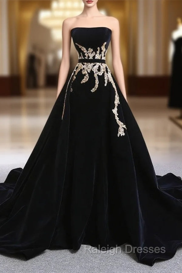 Black Velvet Strapless Crystal With Long Train Wedding Dress Main image