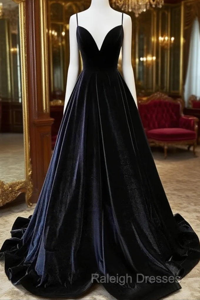 Black Velvet Straps V-Neckline Long Party Dress, A-Line Velvet Prom Dress