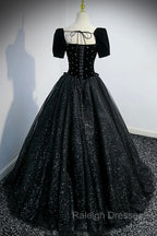 Black Velvet Tulle Long Ball Gown, Black A-Line Formal Evening Gown