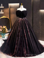 Black Velvet Tulle Long Prom Dress With Rose Print Pattern, Elegant Off The Shoulder Party Dress