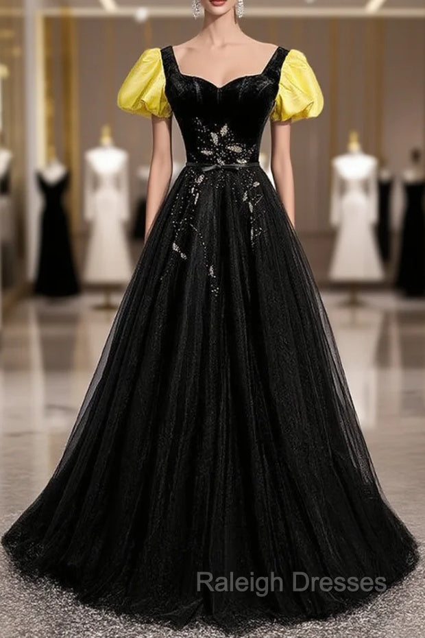 Black Velvet Tulle Square Short Sleeve Prom Dress