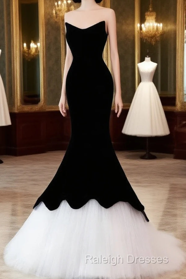 Black/White Velvet Mermaid Long Prom Dresses Black Prom Dresses Main image
