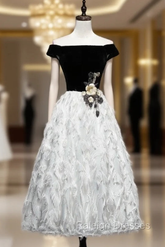 Black White Velvet Off the Shoulder Appliques Prom Dress