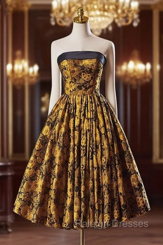 Black Yellow Print Strapless Homecoming Dress Main image