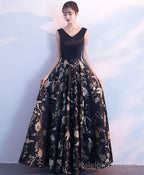 Black V Neck Floral Pattern Long Prom Dress, Evening Dress