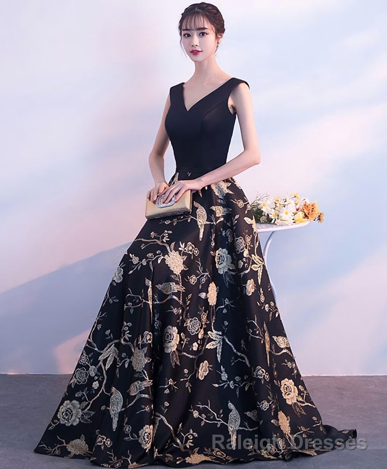 Black V Neck Floral Pattern Long Prom Dress, Evening Dress Main image