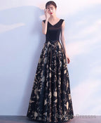 Black V Neck Floral Pattern Long Prom Dress, Evening Dress