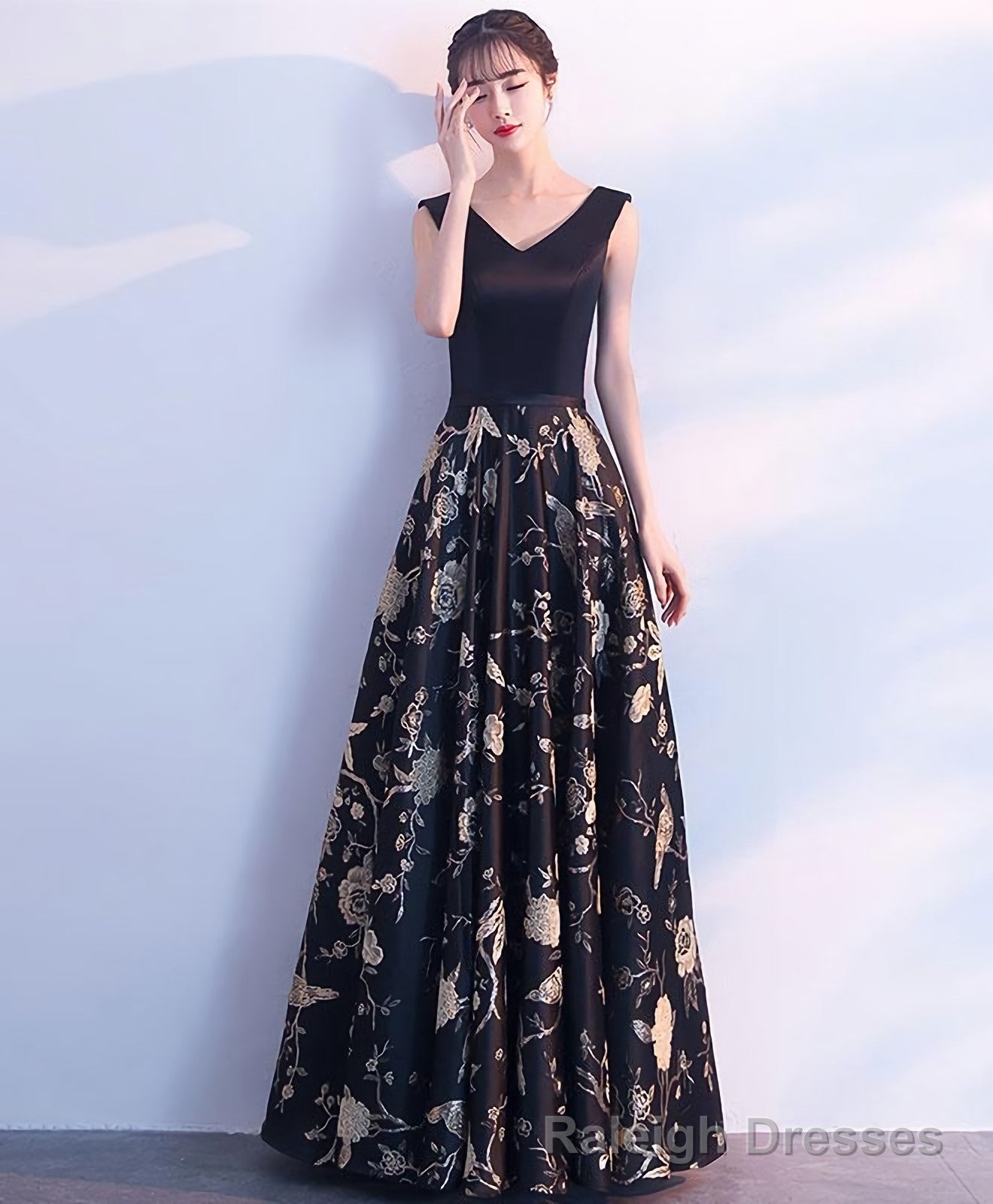 Black V Neck Floral Pattern Long Prom Dress, Evening Dress