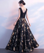 Black V Neck Floral Pattern Long Prom Dress, Evening Dress