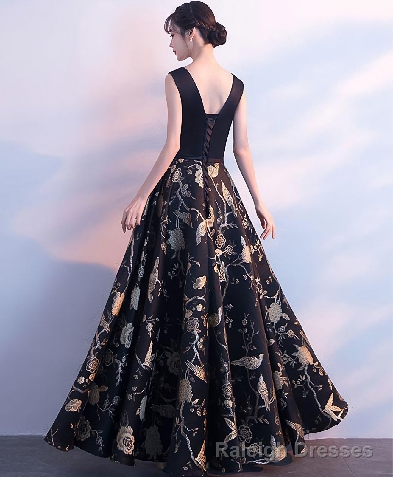 Black V Neck Floral Pattern Long Prom Dress, Evening Dress
