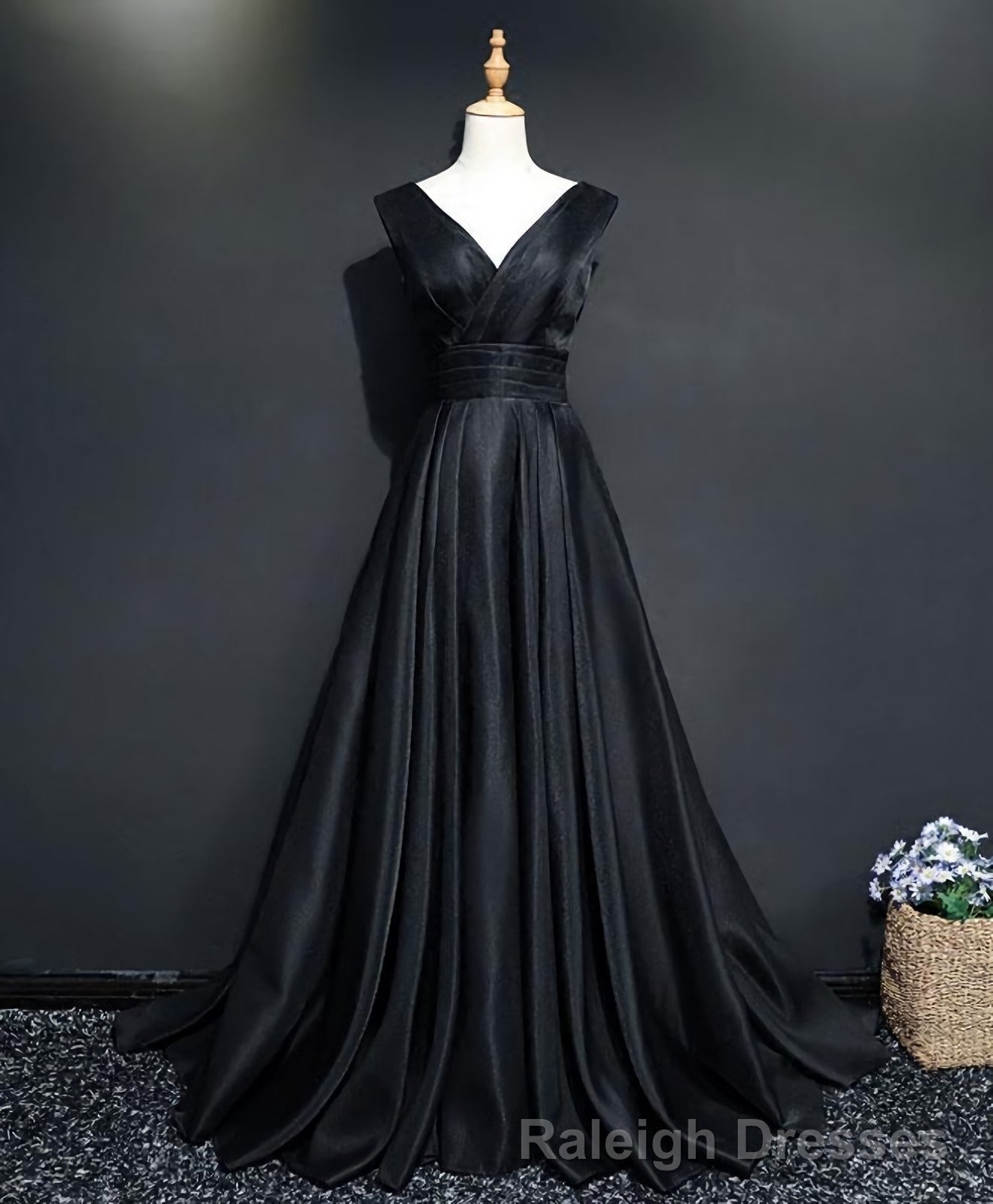 Simple Black V Neck Long Prom Dress, Black Evening Dress Main image