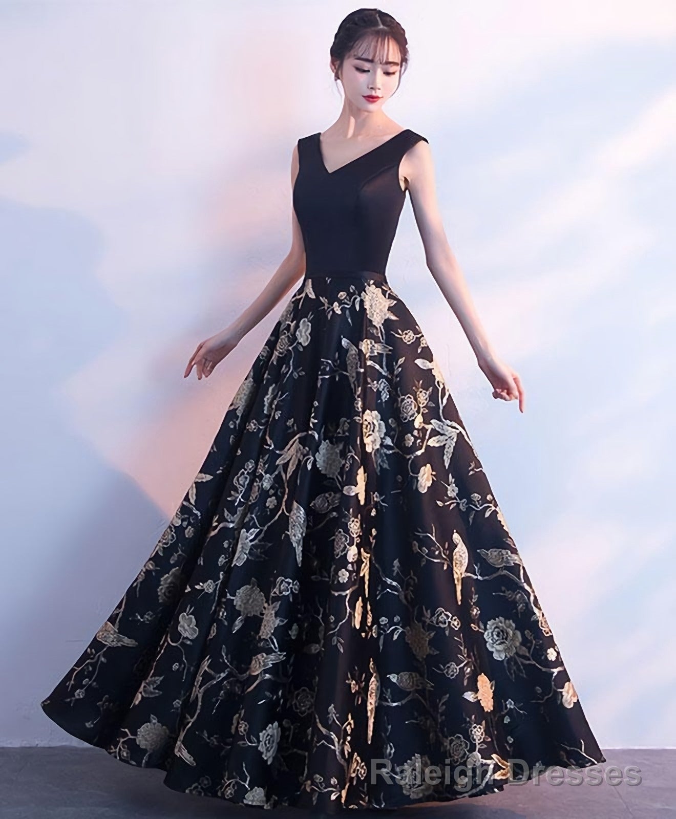 Black V Neck Floral Pattern Long Prom Dress, Evening Dress Secondary image