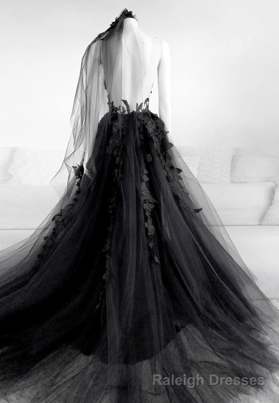Black Lace Long Prom Dress, A Line Backless Prom Dress Secondary image