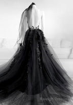 Black Lace Long Prom Dress, A Line Backless Prom Dress