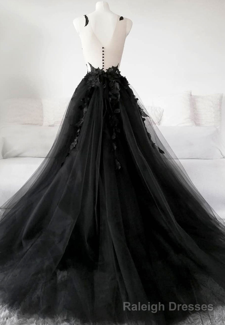 Black Tulle Lace Long Prom Dress, Black Formal Graduation Dress Secondary image