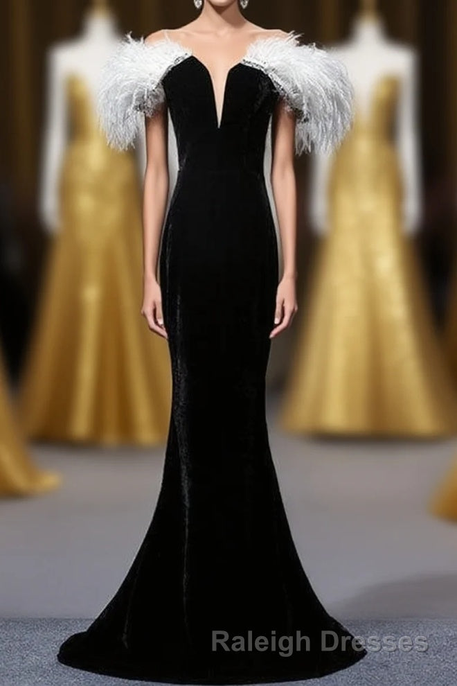 Black Velvet Mermaid Prom Dress with Feather, Off the Shoulder Long Evening Gown Main image
