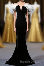 Black Velvet Mermaid Prom Dress with Feather, Off the Shoulder Long Evening Gown