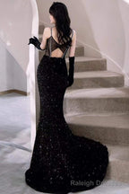 Black Mermaid Sequins Prom Dress Spaghetti Straps Sleeveless Beading Prom Gowns