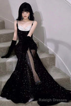 Black Mermaid Sequins Prom Dress Spaghetti Straps Sleeveless Beading Prom Gowns