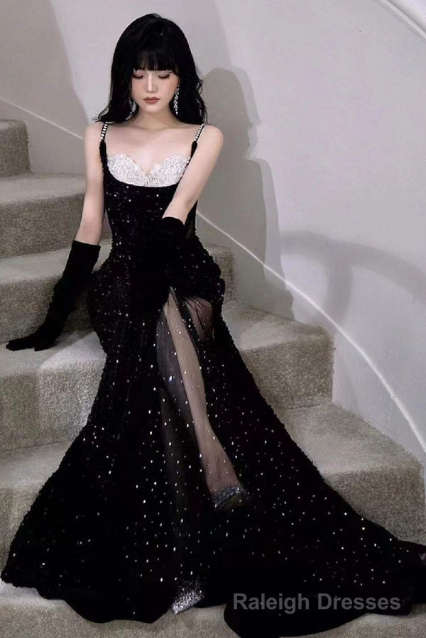Black Mermaid Sequins Prom Dress Spaghetti Straps Sleeveless Beading Prom Gowns