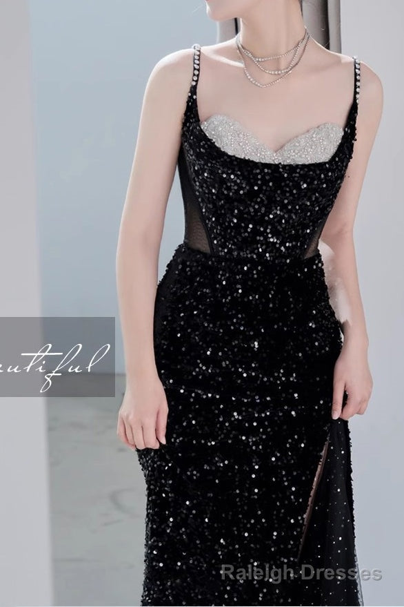 Black Mermaid Sequins Prom Dress Spaghetti Straps Sleeveless Beading Party Gown Secondary image