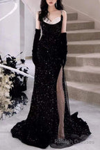 Black Mermaid Sequins Prom Dress Spaghetti Straps Sleeveless Beading Party Gown