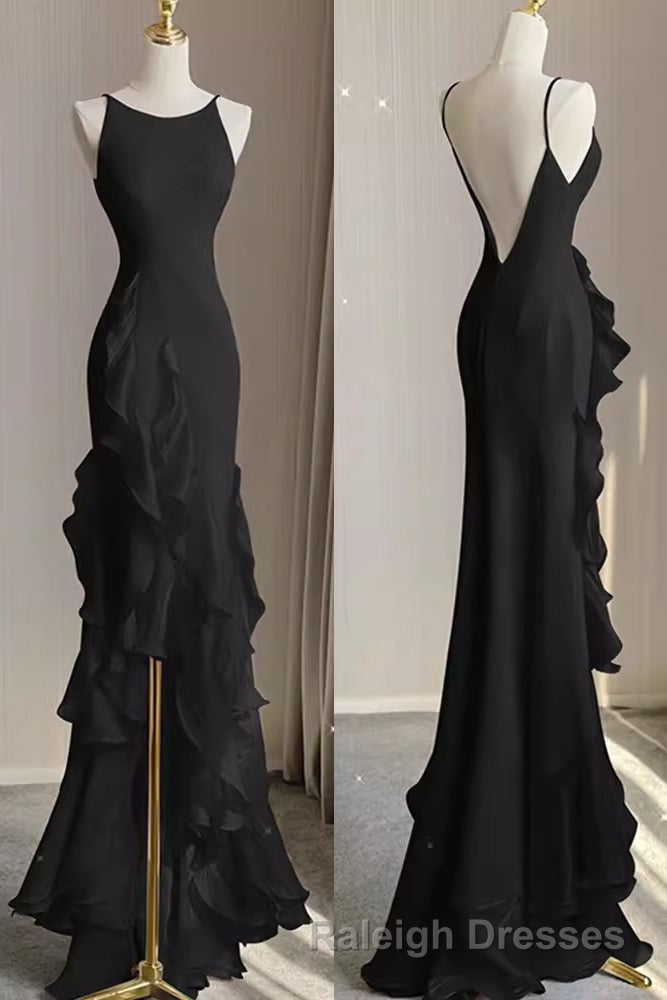 Simple Mermaid Prom Gown With Ruffles Spaghetti Straps Backless Dresses For Date