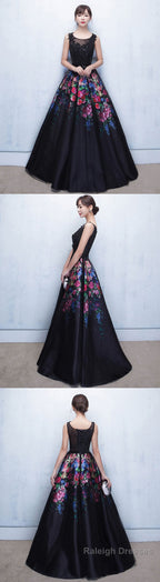 Black Floral Patterns Long Prom Dress Black Evening Dress